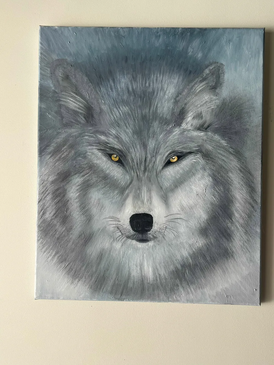 Painting: portrait of a grey wolf with a steady gaze