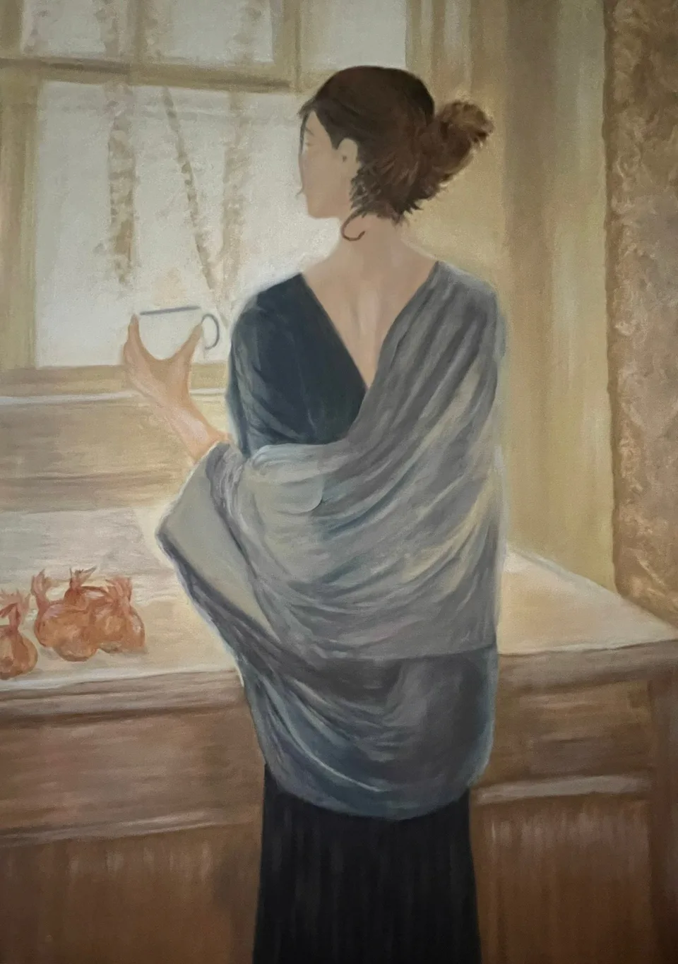 Painting: a woman draped in grey by a bright window