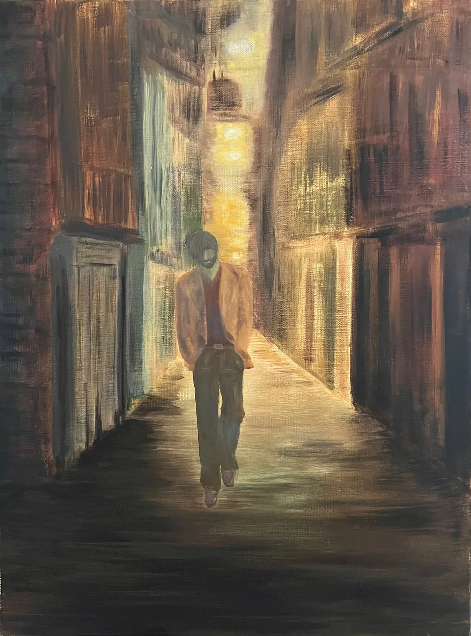 Painting: two figures in an alley bathed in warm light