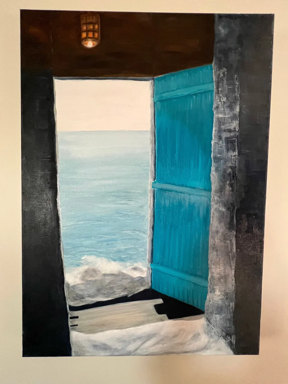 Painting: a turquoise door opening onto the ocean