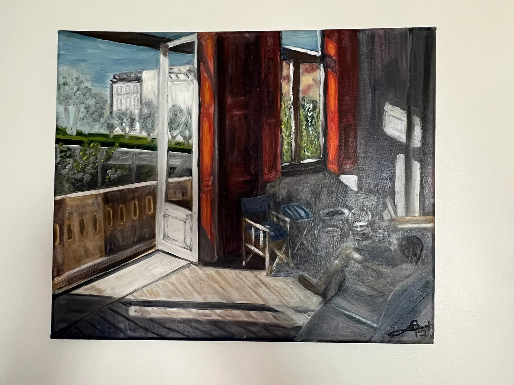 Painting: a veranda open onto a garden in morning light