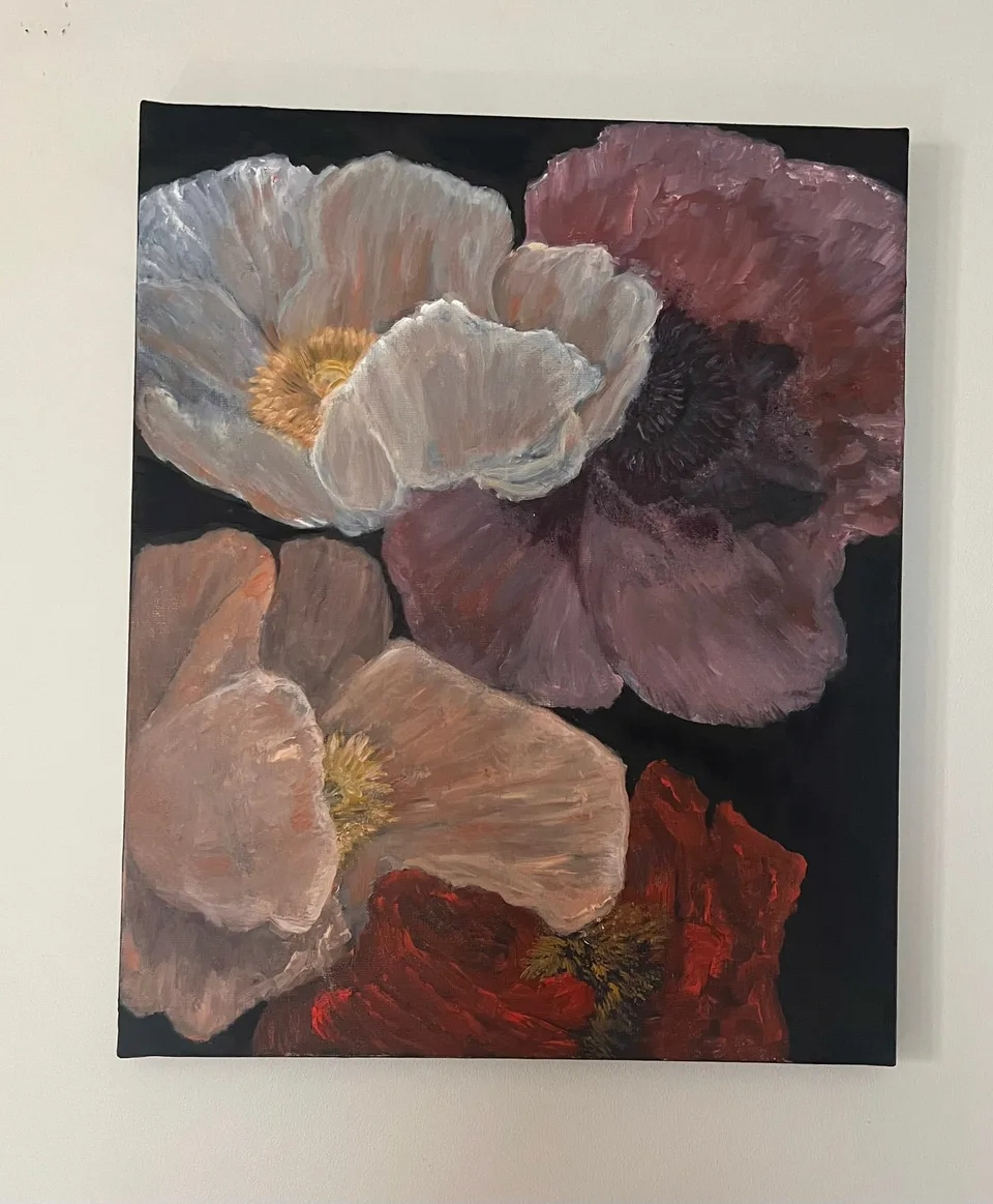 Painting: pink and red poppies on a dark background